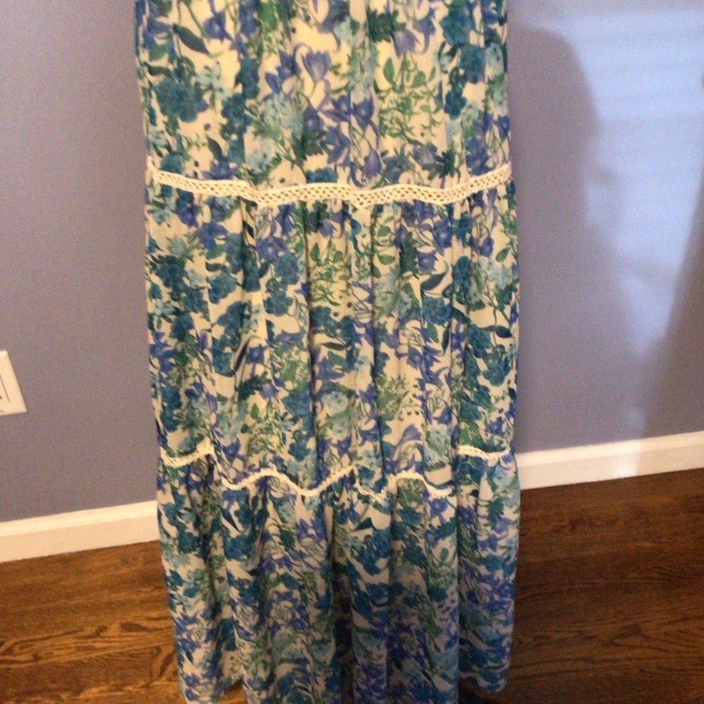 TAYLOR Crochet Bodice Maxi Dress Sz XS Blue Cream Floral pit t pit 15 length 54 - Picture 6 of 12